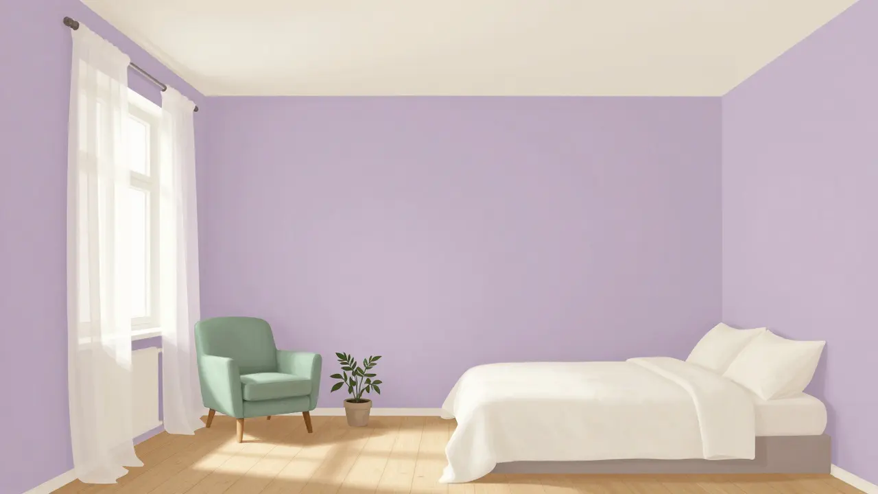 Ein Schlafzimmer mit lavendelblauer Akzentwand, cremefarbenen Betttüchern und einem grünen Lehnstuhl vor dem Fenster.