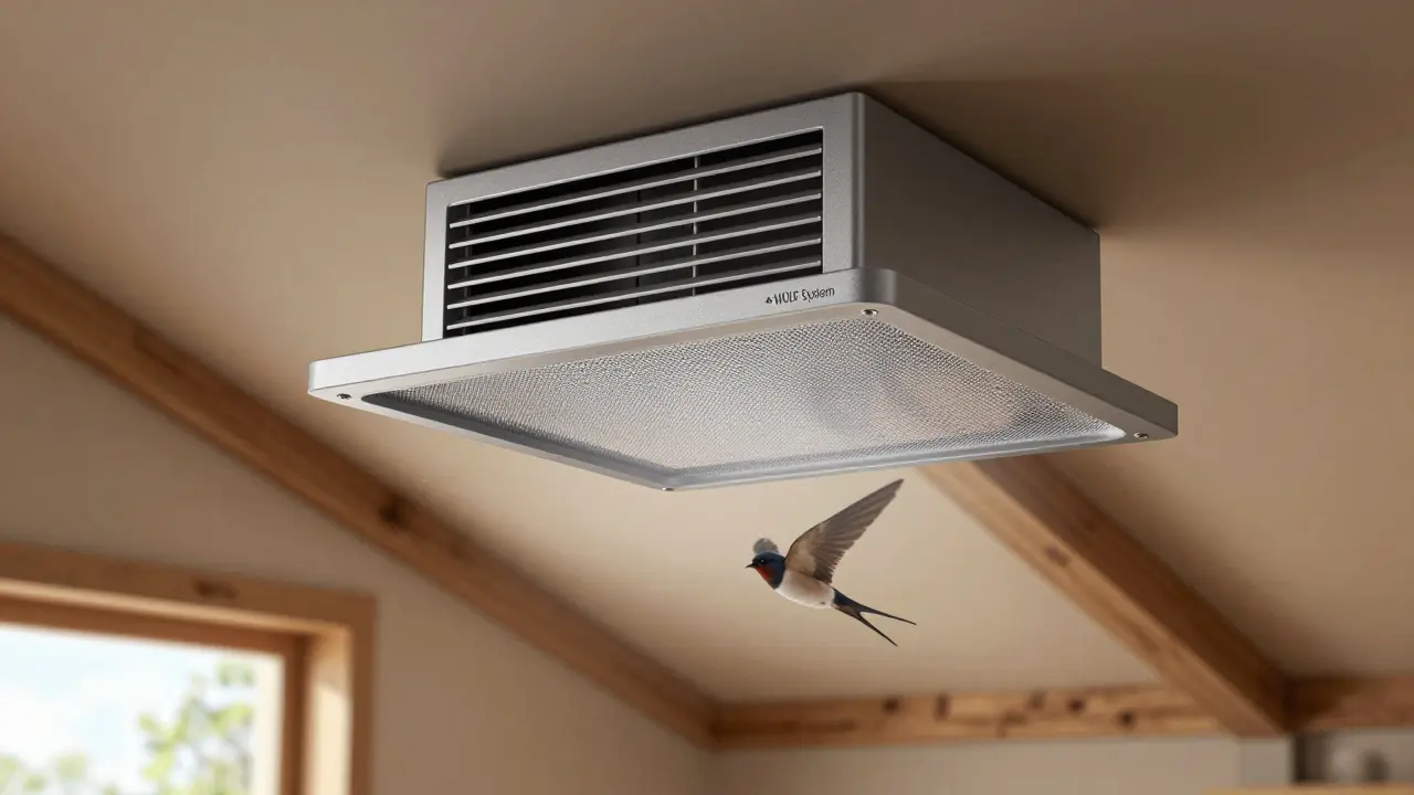 Eine intelligente Kaminhaube mit höhenverstellbarem Vogelschutzgitter schützt Lüftungsanlagen und lässt Schwalben sicher passieren.