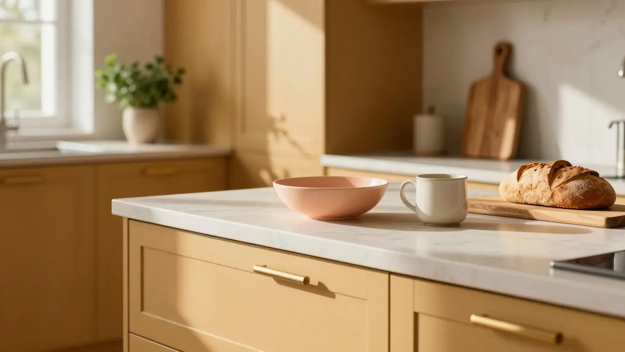 Eine Küche mit honiggoldenen Schränken, cremefarbenen Arbeitsplatten und messingfarbenen Grifffen, beleuchtet von abendlichem Sonnenlicht.
