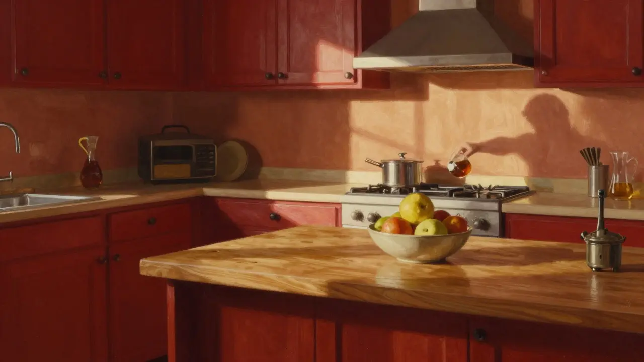 Eine Küche mit roten Möbeln und terrakottafarbenen Wänden, die durch warmes Abendlicht eine gemütliche, wärmende Stimmung erzeugt.