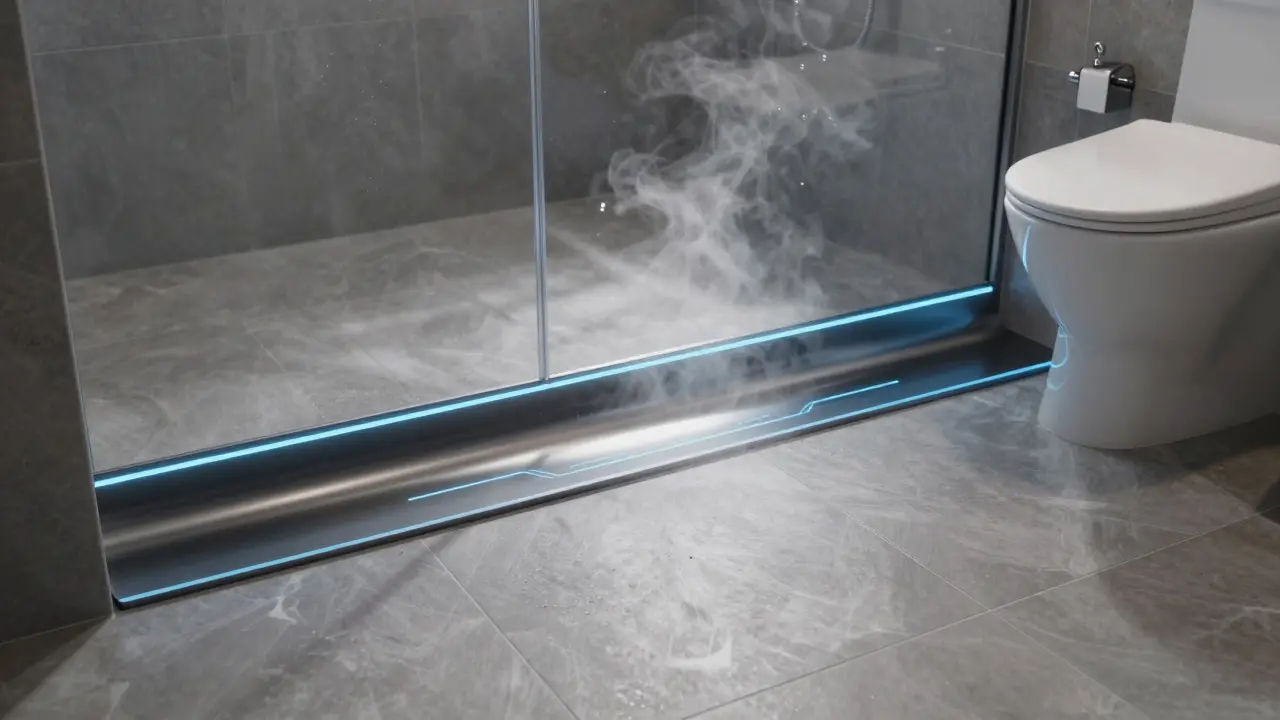 Futuristisches, sensorbasiertes Übergangsprofil zwischen Vinyl und Fliese in einem Badezimmer.