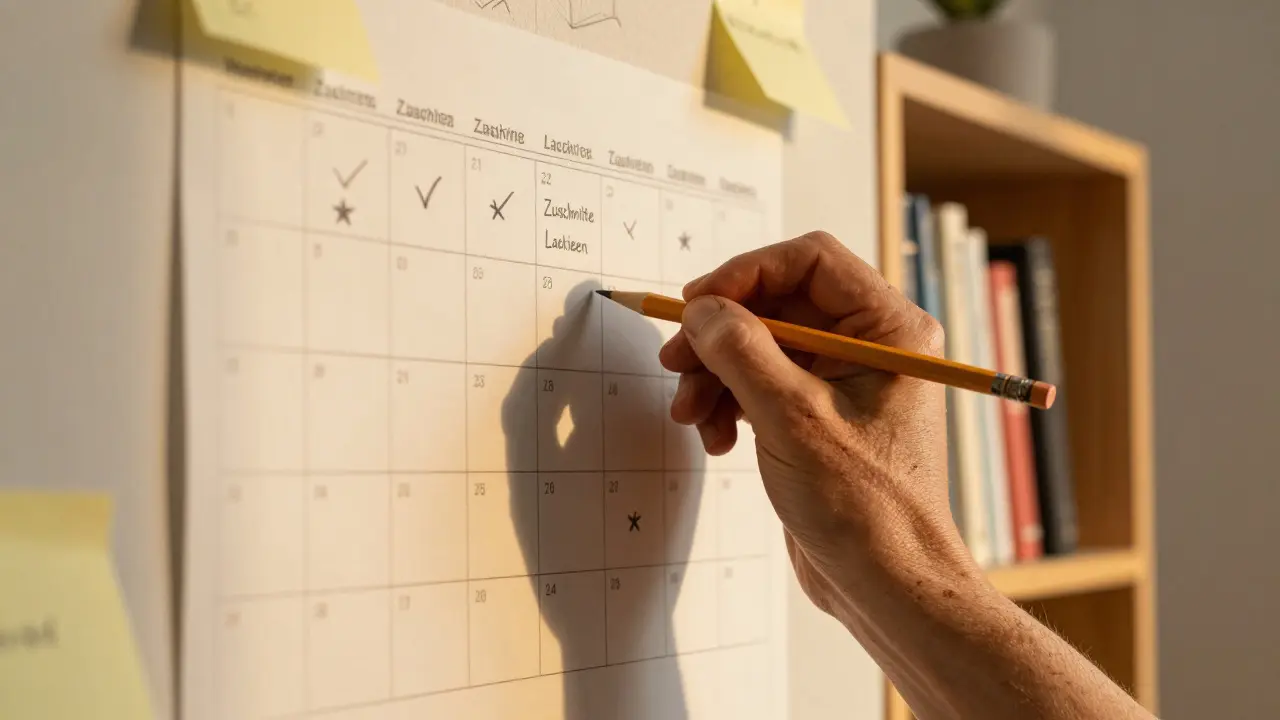 Hand mit Bleistift streicht Tage auf Kalender ab, hinter ihm steht ein halb fertiges Regal