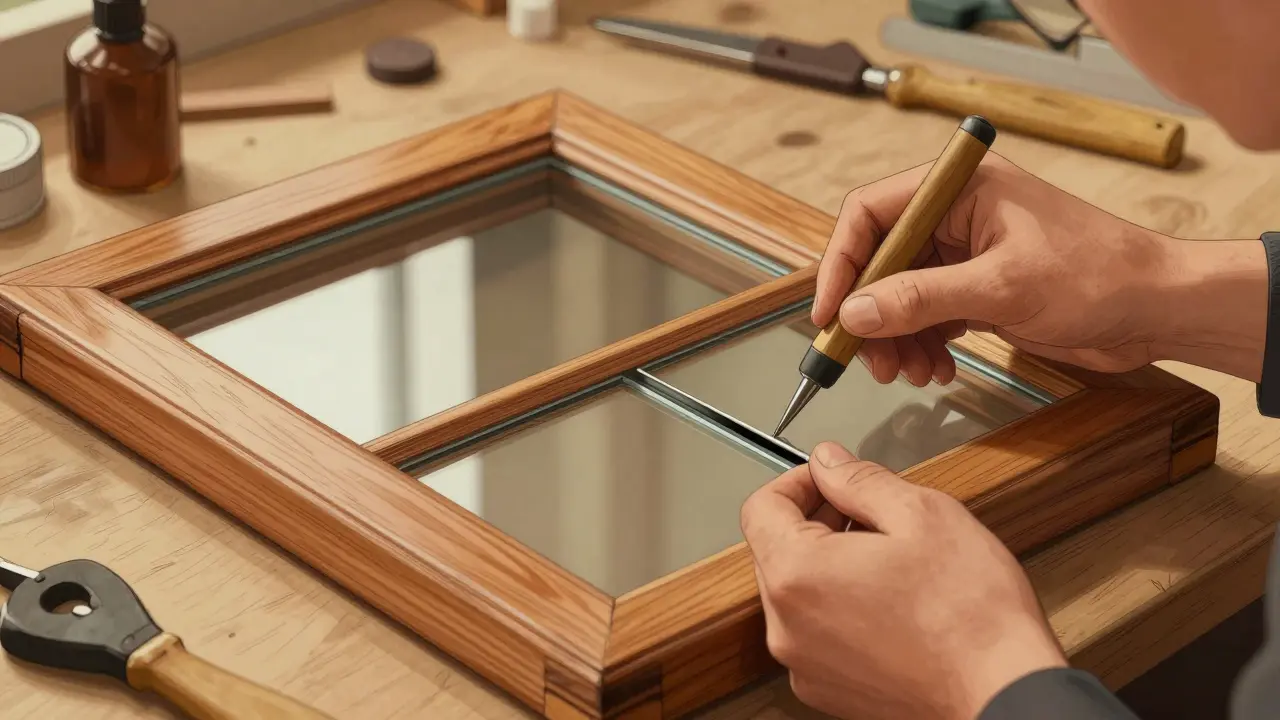 Handwerker ersetzt Glasscheiben in historischem Holzfenster.