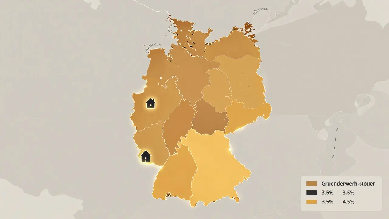 Karte Deutschlands mit farblich unterschiedenen Grunderwerbsteuersätzen in den Bundesländern