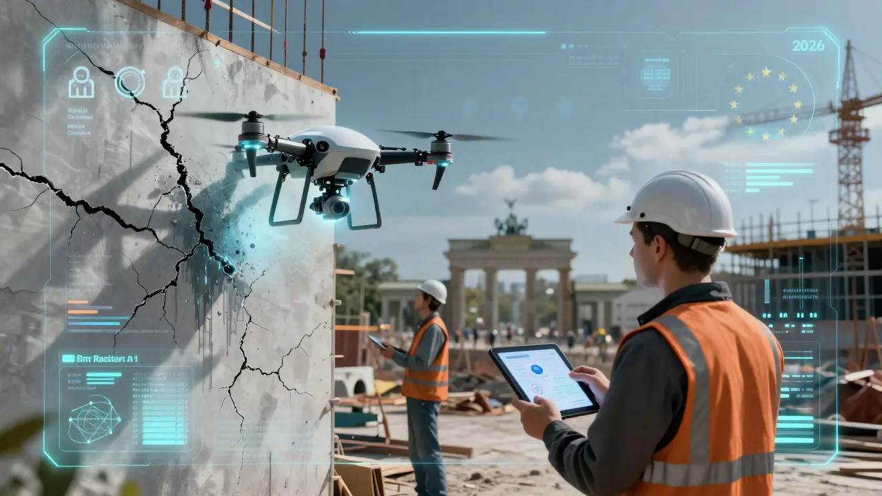 KI-gestützte Drohnen scannen eine Baustelle auf Schäden, während Arbeiter digitale Reparaturvorschläge auf Tablets erhalten.