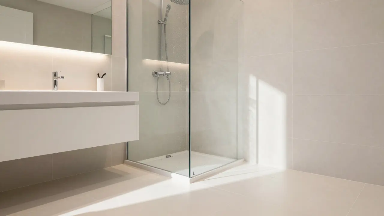 Modern renoviertes Badezimmer mit großformatigen Fliesen und edlen Armaturen.