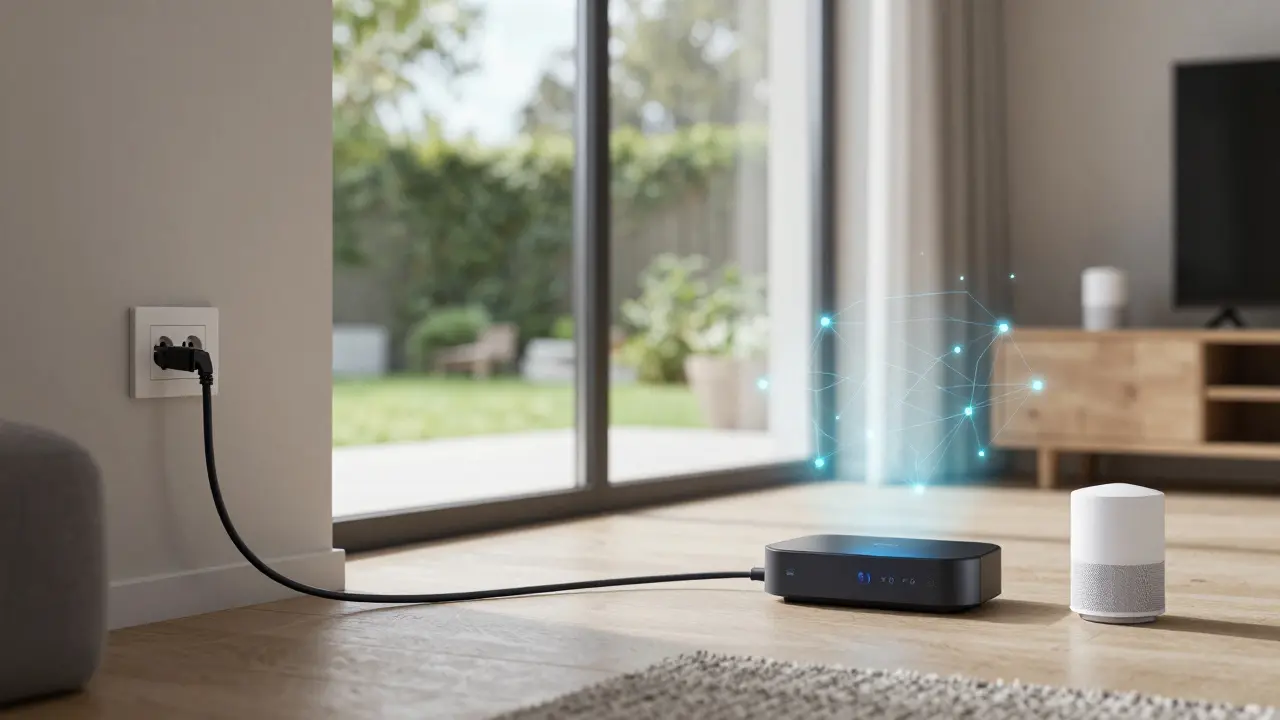 Modernes Wohnzimmer mit verdrahtetem Smart-Home-Hub und drahtlosen Matter-Geräten, die ein Thread-Netzwerk nutzen.