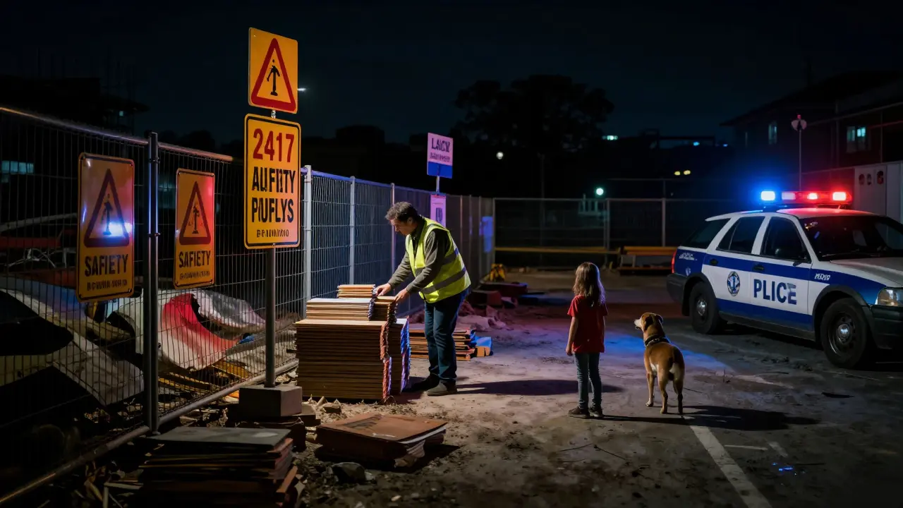Nächtliche Baustelle mit beleuchteten Warnzeichen und Bauherr, der Sicherheitsvorschriften einhält – auch außerhalb der Arbeitszeiten.