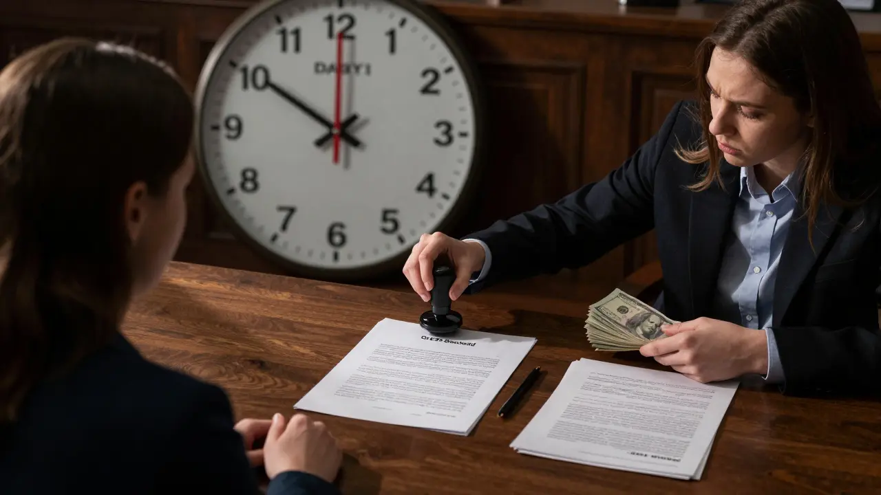 Notar stampft Steuerbescheid, Käufer zahlt mit Uhr, die die Frist überschreitet