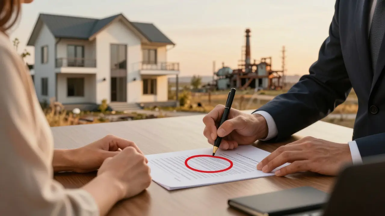 Paar unterschreibt Kaufvertrag mit Anwalt, Hintergrund Industriebrache.