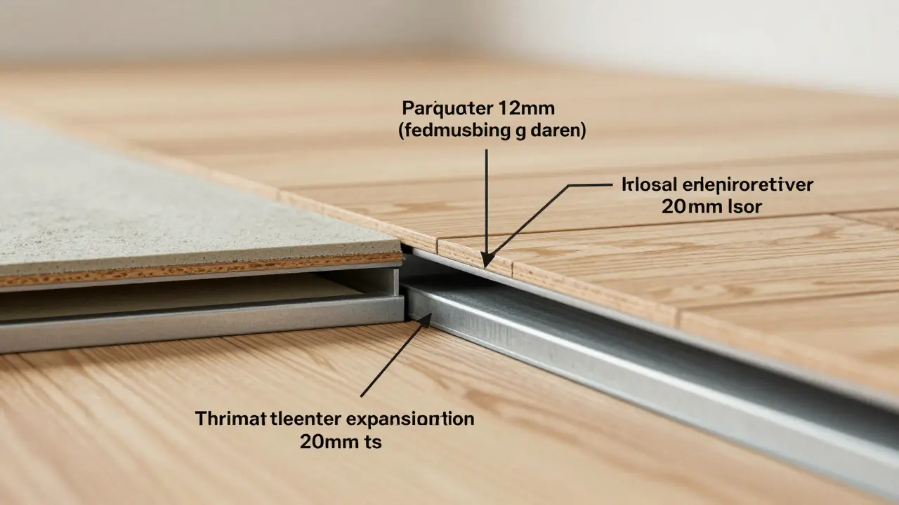 Querschnitt eines Bodenübergangs mit Dämmschichten und Dehnungsfuge, technisch detailliert dargestellt.