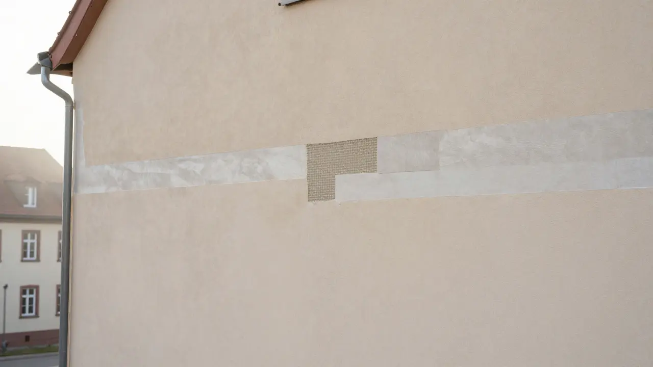 Reparierte Fassadenstelle mit nahtloser Farbanpassung und Gewebeverstärkung.