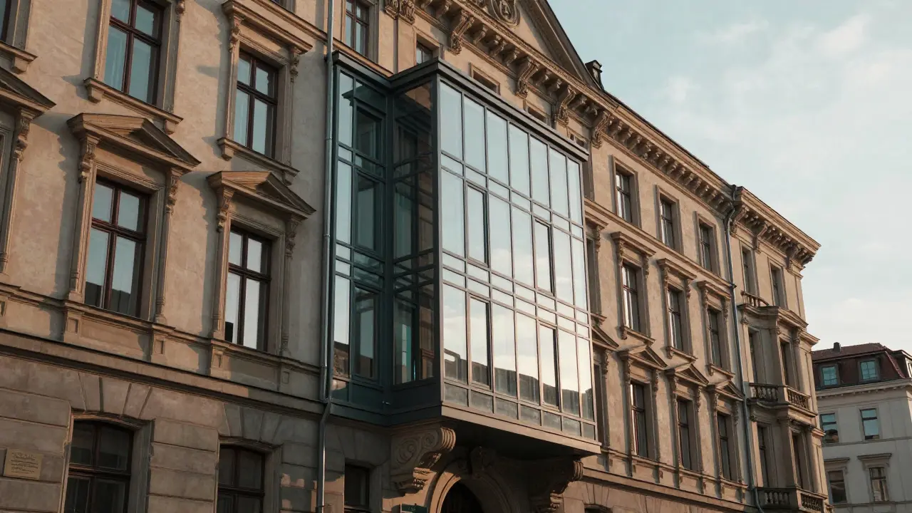 Sanierter Denkmalschutz-Bau mit modernen Fenstern in Berlin-Mitte.