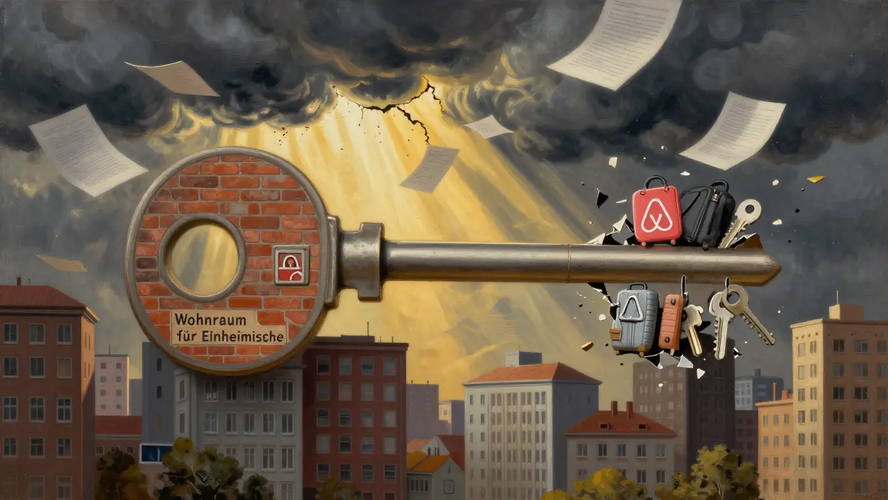 Schlüssel aus Wohn- und Tourismuselementen dreht sich in einem Schloss aus Stadt skyline.