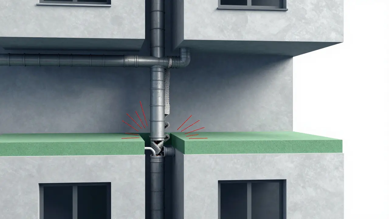 Schnitt durch ein Mehrfamilienhaus mit fehlerhaften Schallschutzkonstruktionen und fehlenden Dämpfungselementen.