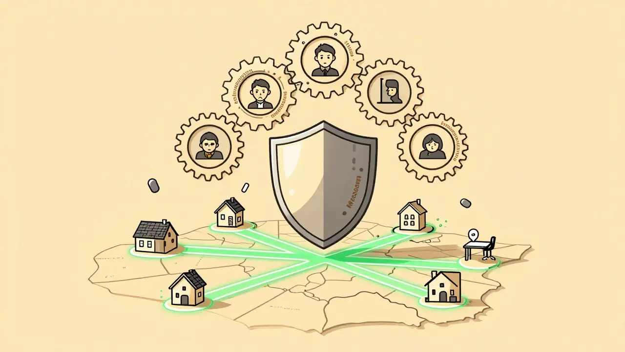 Sieben Schritte einer Gefährdungsbeurteilung als sichere Schild-Struktur mit Symbolen für Arbeitsplätze wie Dach, Treppe und Homeoffice.