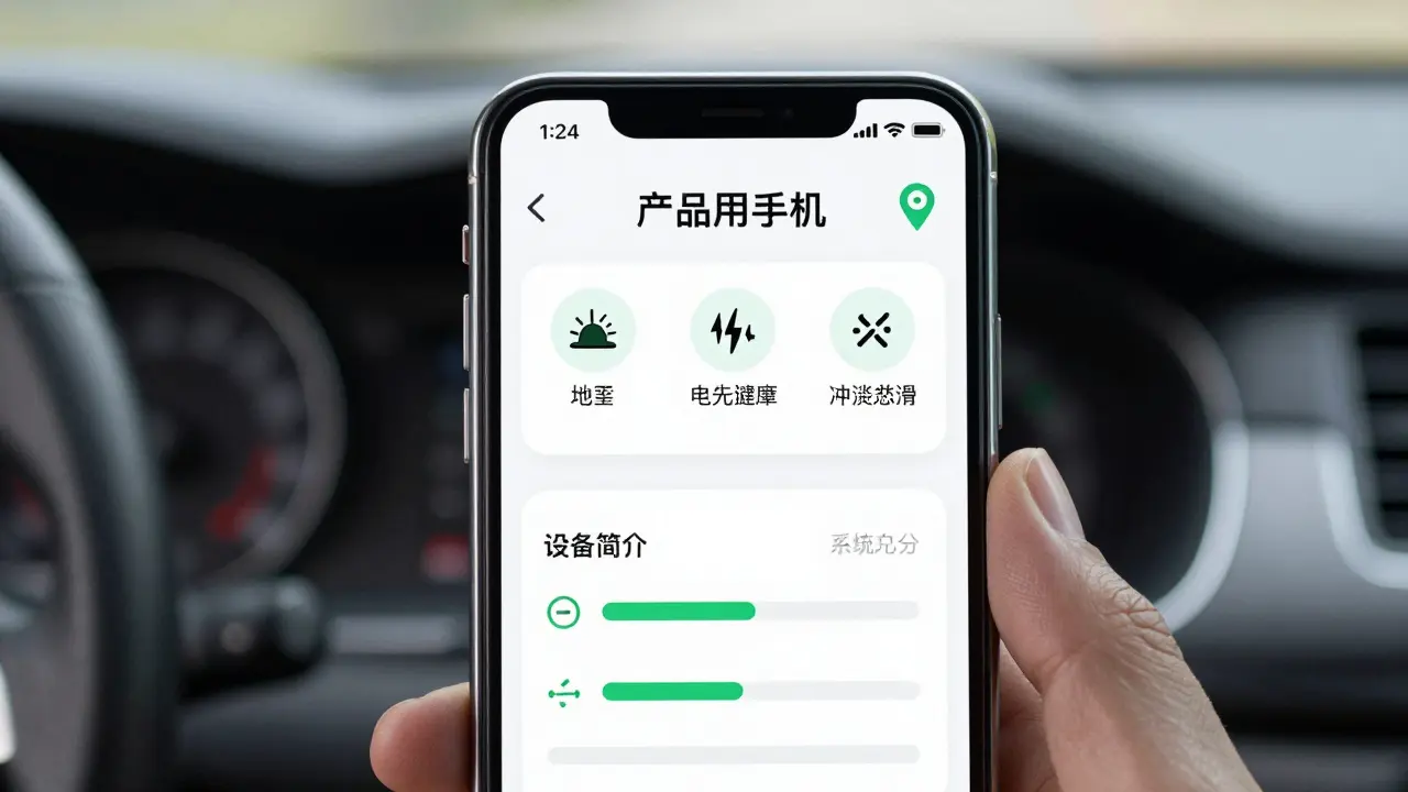 Smartphone zeigt eine digitale Sicherheits-Checklist für Immobilien mit Warn-Icons und automatischen Erinnerungen in einem Auto.