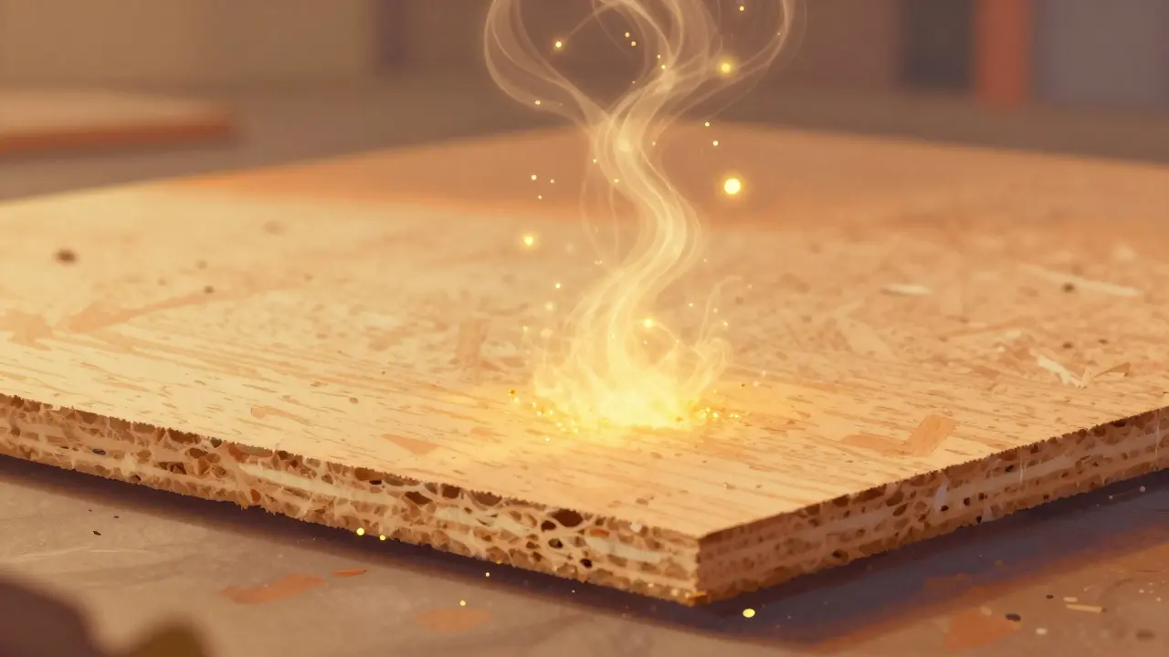 Spanplatten mit sichtbaren Formaldehyd-Emissionen, goldene Partikel steigen auf