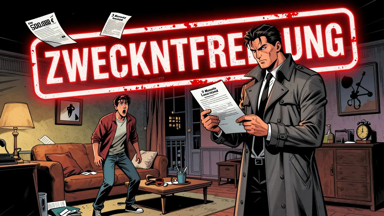 Städtischer Beamter übergibt einem Wohnungseigentümer einen Bußgeldbescheid in einem urbanen Wohnzimmer.