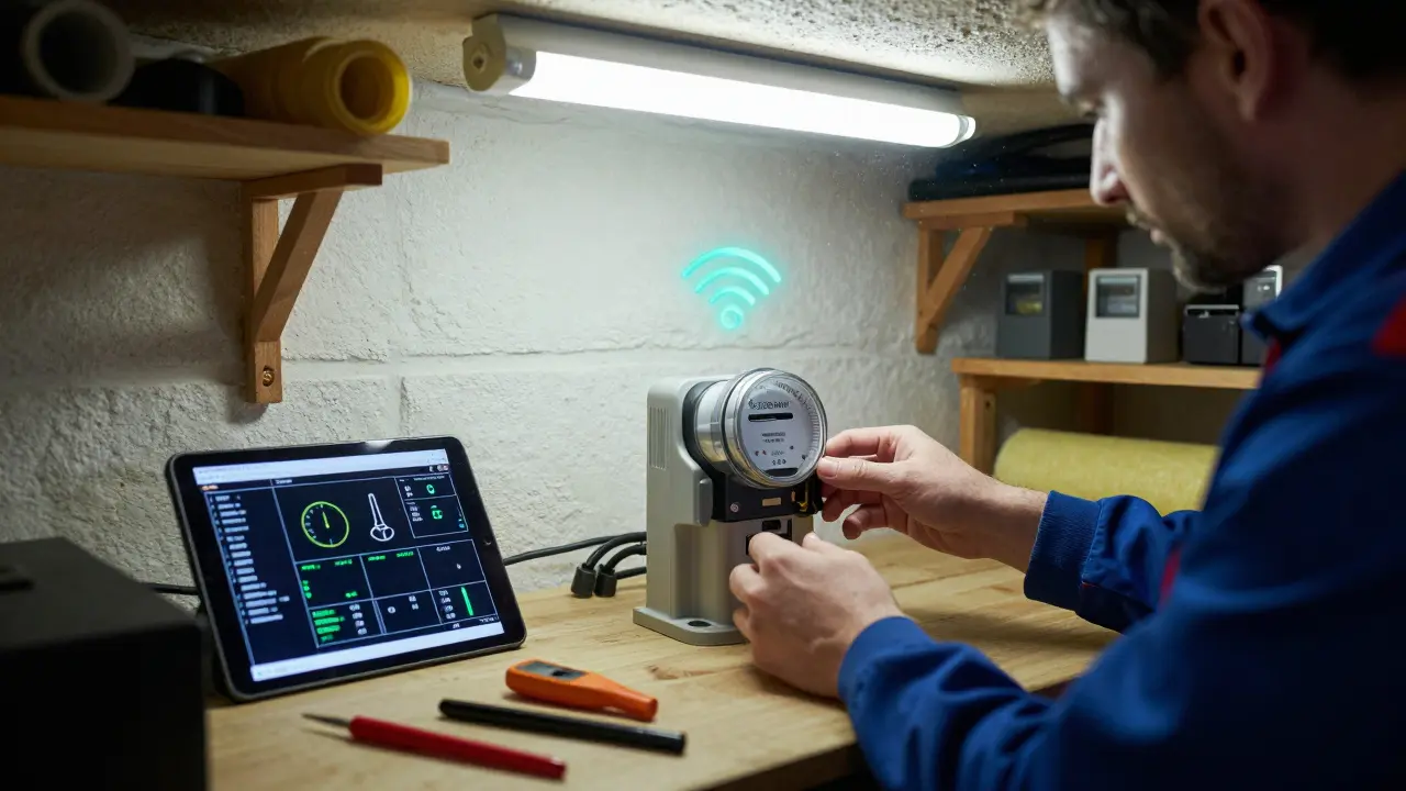 Techniker installiert einen drahtlosen Energie-Sensor an einem Stromzähler im Keller, Tablet zeigt Live-Daten an.