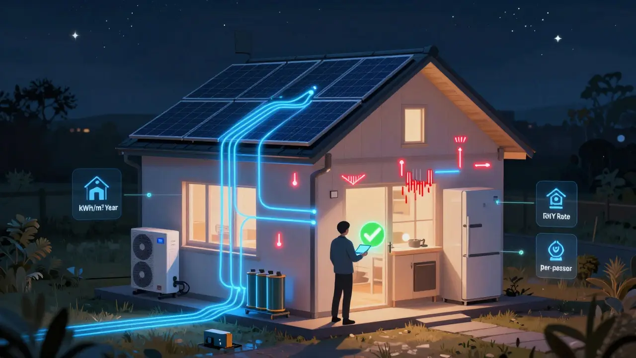 Transparenzansicht eines Hauses mit energieflüssen, Warnungen und Kennzahlen wie kWh/m²/Jahr und Autarkiegrad.