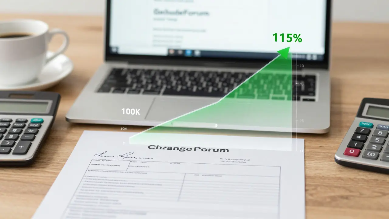 Unterzeichnete Änderungsanfrage neben einem Kosten-Tool auf einem Laptop, mit 15 % Pufferbudget als grüner Bereich hervorgehoben.
