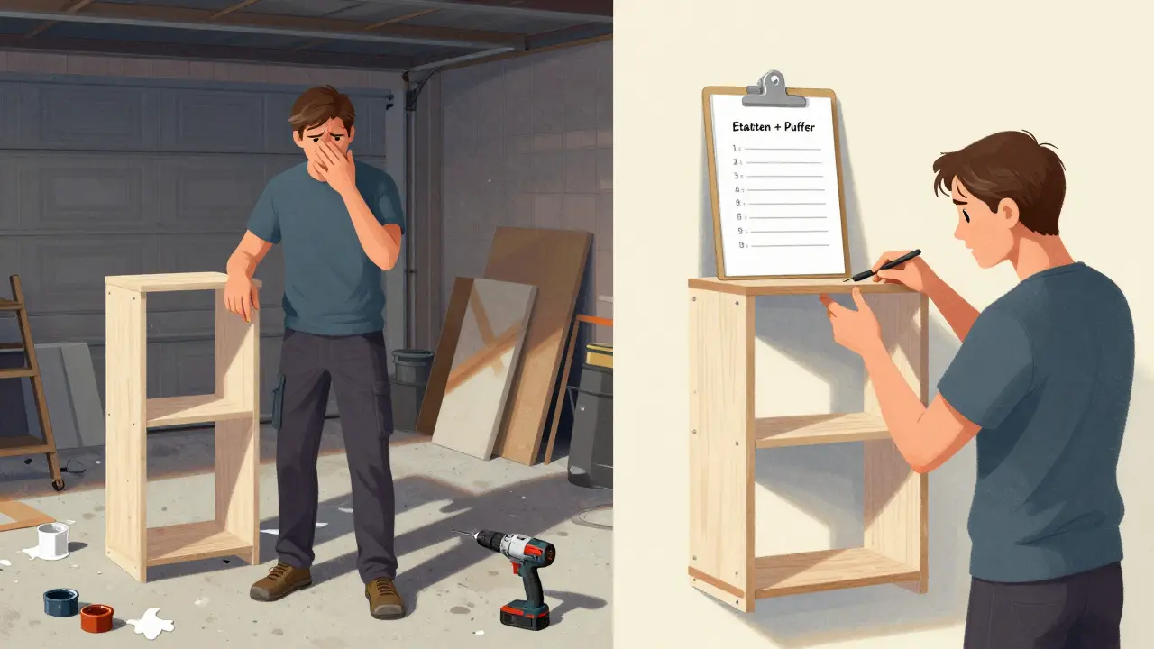 Vergleich: Chaotische Werkstatt links, geordnete DIY-Arbeit rechts mit klarem Zeitplan