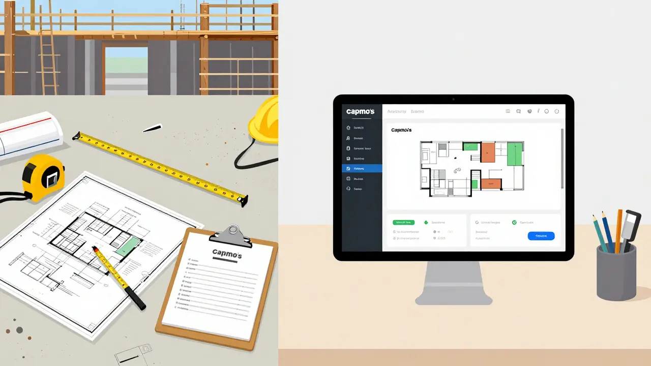 Vergleich: Traditionelle Baustelle mit Papierplänen links und digitale Arbeitsumgebung mit Tablet rechts.