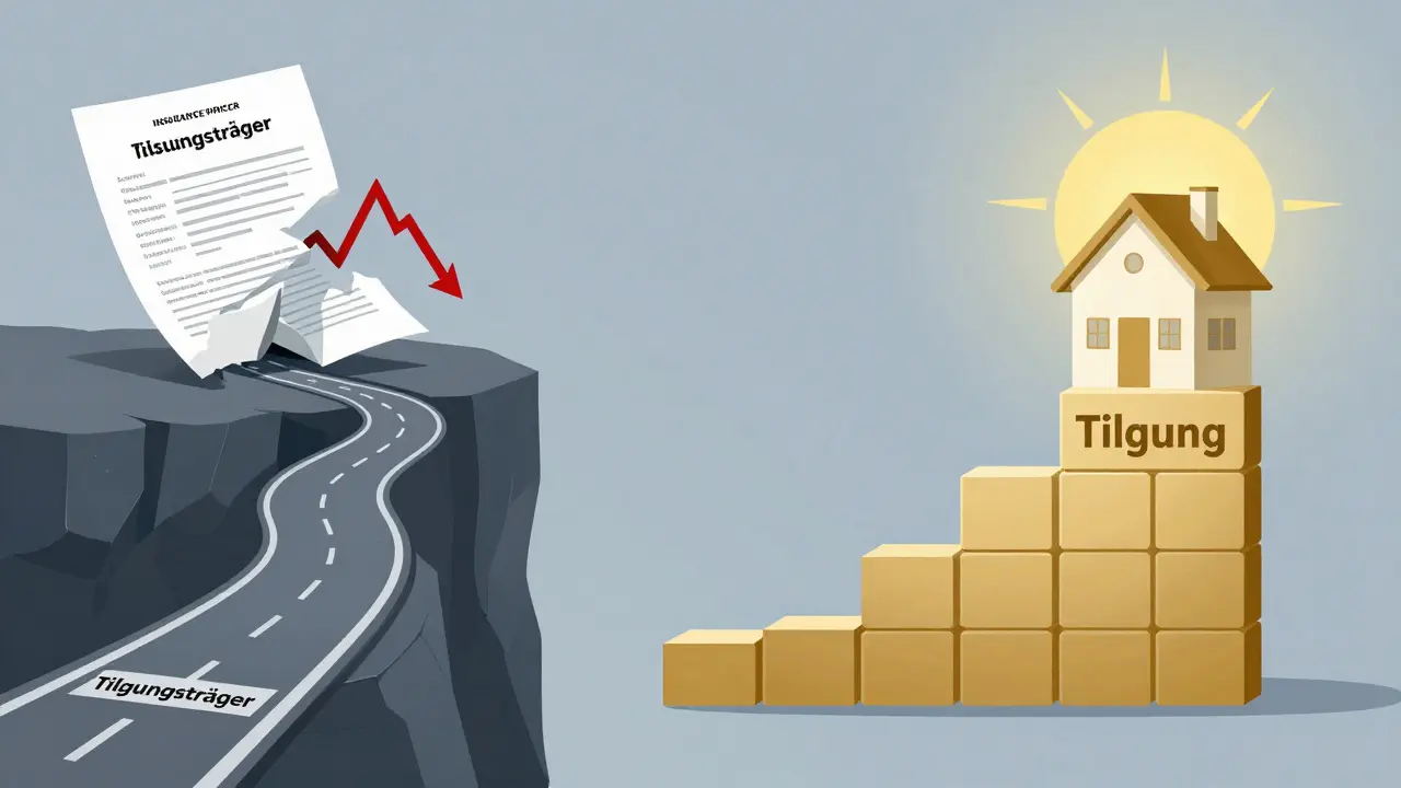 Vergleich zweier Finanzwege: ein Pfad endet in einer Klippe, der andere baut sicher eine Immobilie auf