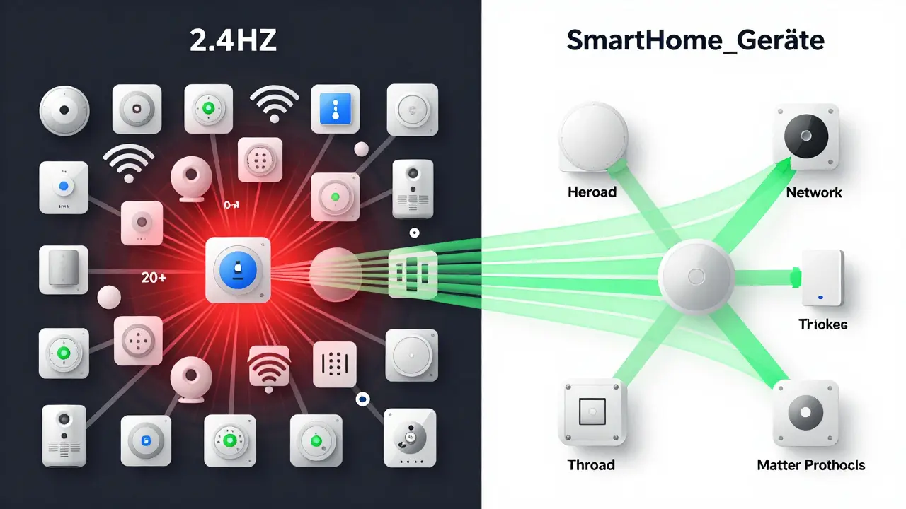 Vergleich zweier WLAN-Netzwerke: Überlastetes 2,4-GHz-Netz links versus isoliertes, stabiles SmartHome-Netz rechts.