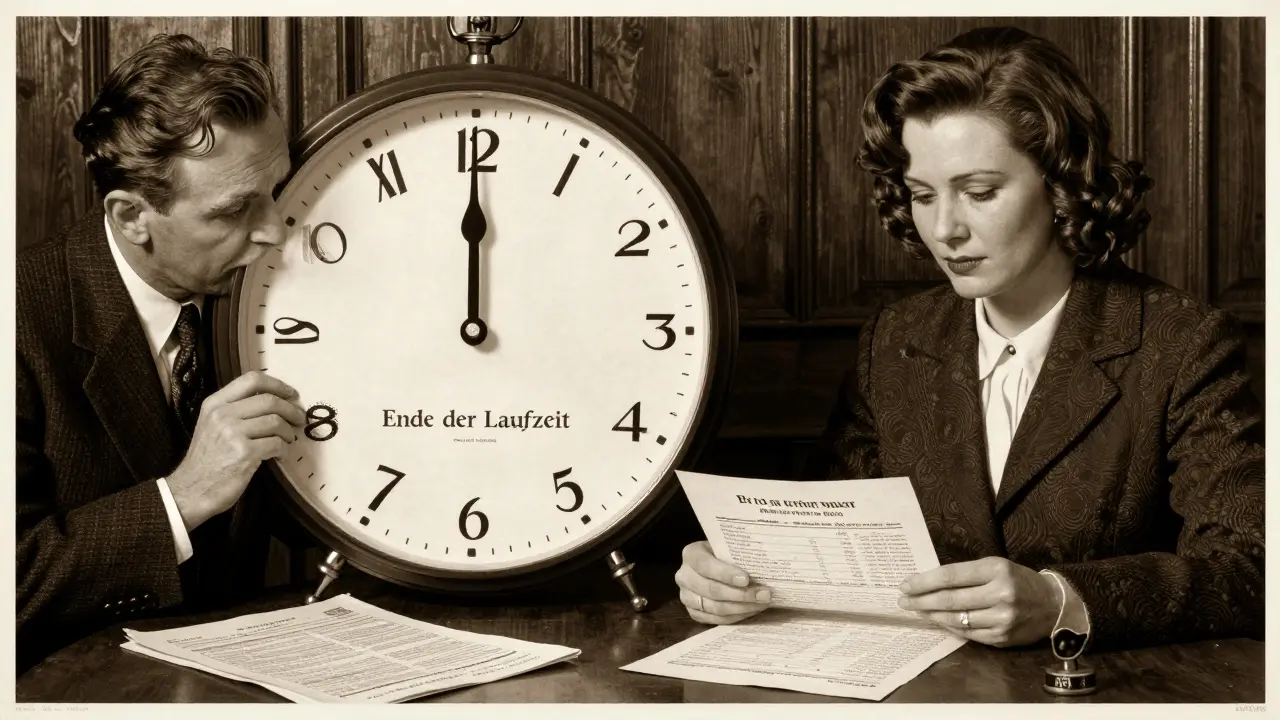 Vintage Bankposter: Mann mit Versicherungspolice vor Fristende, Frau beobachtet schrumpfende Schulden