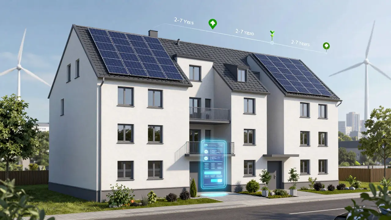 Wohngebäude mit Solaranlage, aufgeteilter Wohnung und digitaler Mieterplattform als symbolische Zukunftslösung.