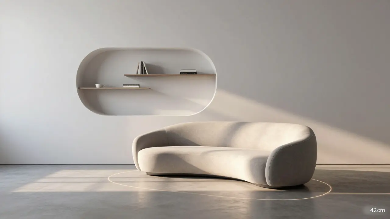 Zukünftiges intelligentes Wohnzimmer mit Lichtprojektionen, die optimale Möbelplatzierung vorschlagen.