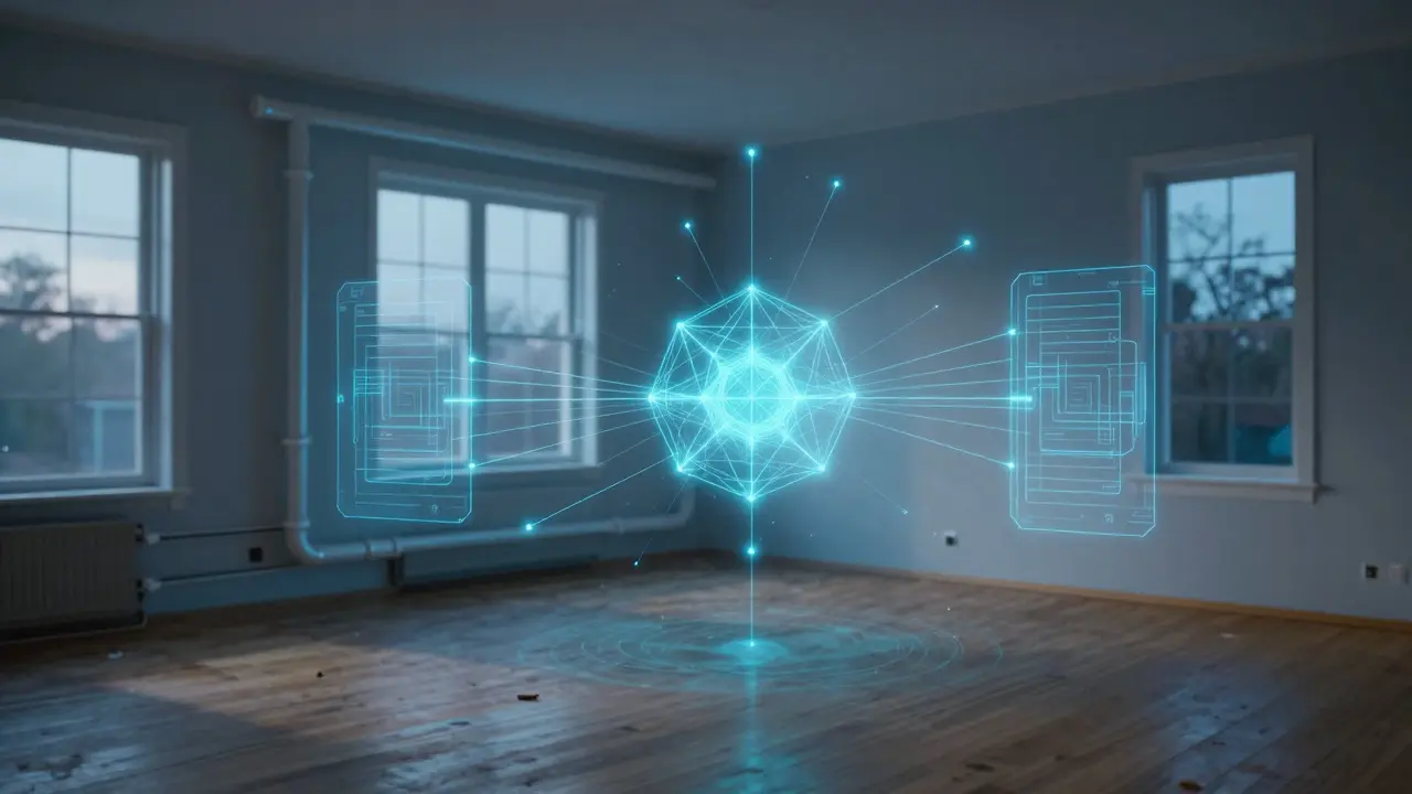 Abstrakte Visualisierung des digitalen Gebäudepasses mit Lichtlinien.