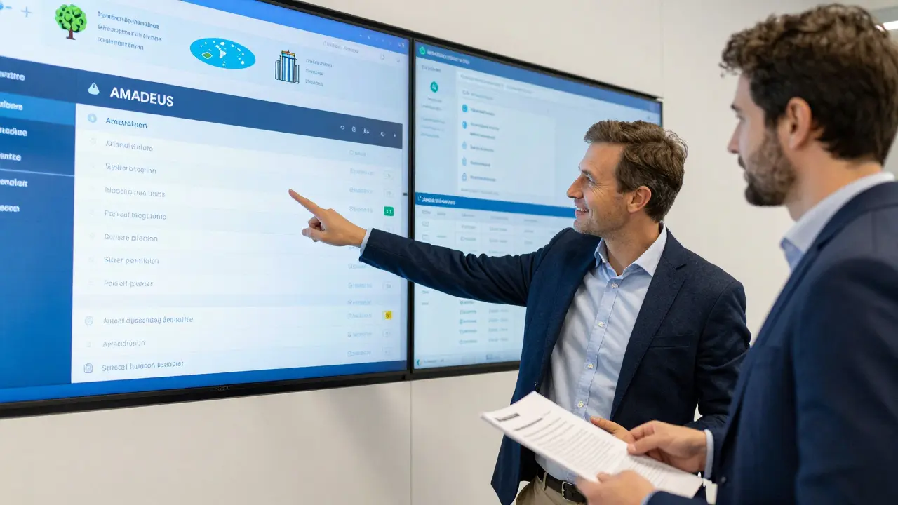 Architekt zeigt auf digitales System zur Baugenehmigung in deutschen Behördenräumen.