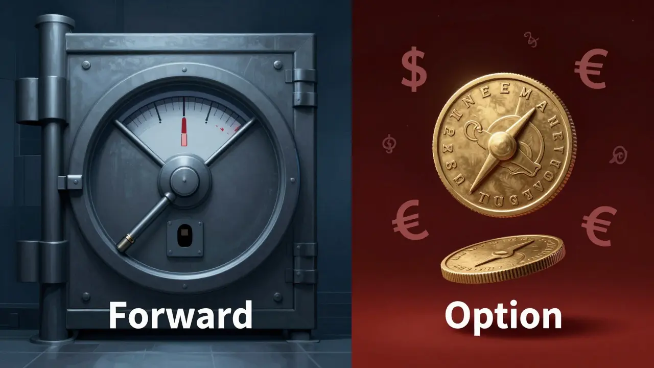 Aufgeteilte Darstellung: Festgelegter Wechselkurs (Forward) vs. flexible Option mit Gewinn- und Verlustpotential.