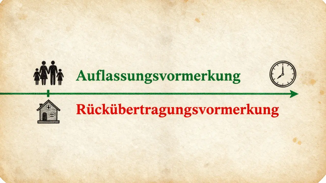 Detailansicht eines Grundbucheintrags mit zwei Arten von Vormerkungen, dargestellt als historische Urkunde mit symbolischen Schutzzeichen.