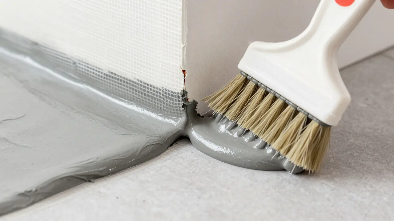 Dichtmasse wird mit glasvlies in wandbodenwinkel eingearbeitet