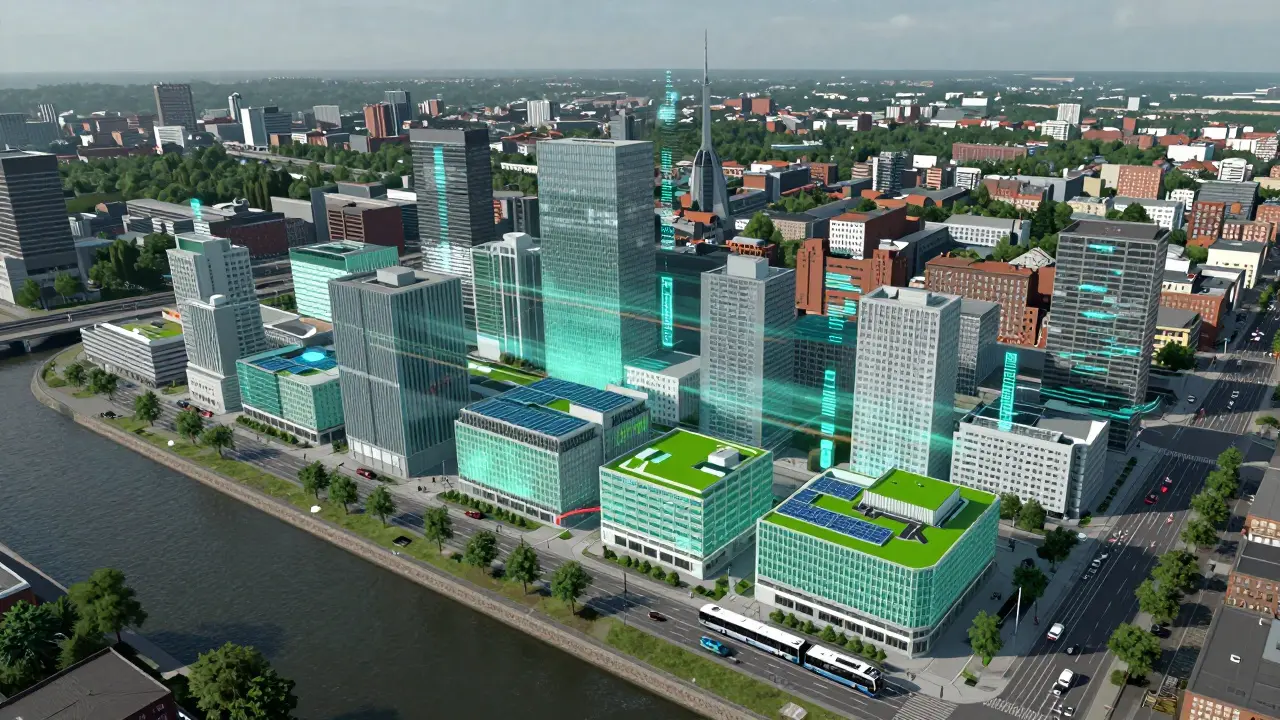 Digitales Stadtmodell von Hamburg mit Datenströmen, die Energieverbrauch und Luftqualität in Echtzeit anzeigen, über grünen Gebäuden.