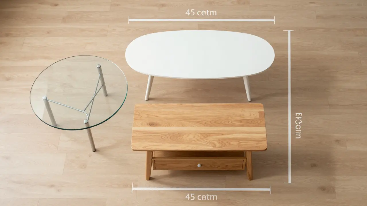 Drei Couchtische verschiedener Formen auf Boden mit Abstandsmarkierungen