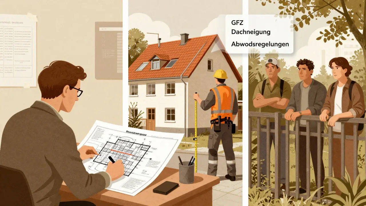 Drei Figuren in einer Illustration: Stadtplaner, Bauarbeiter und Nachbarn, umgeben von gesetzlichen Vorgaben für Dachform und Abstände.