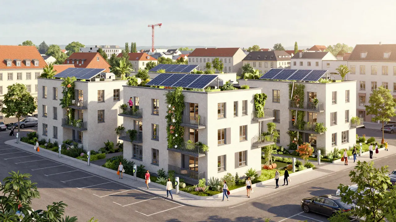 Ehemaliger Parkplatz in Freiburg wird zu drei nachhaltigen Wohnungen mit Dachgärten und Solaranlagen umgewandelt, Menschen mit E-Autos und Fahrrädern.