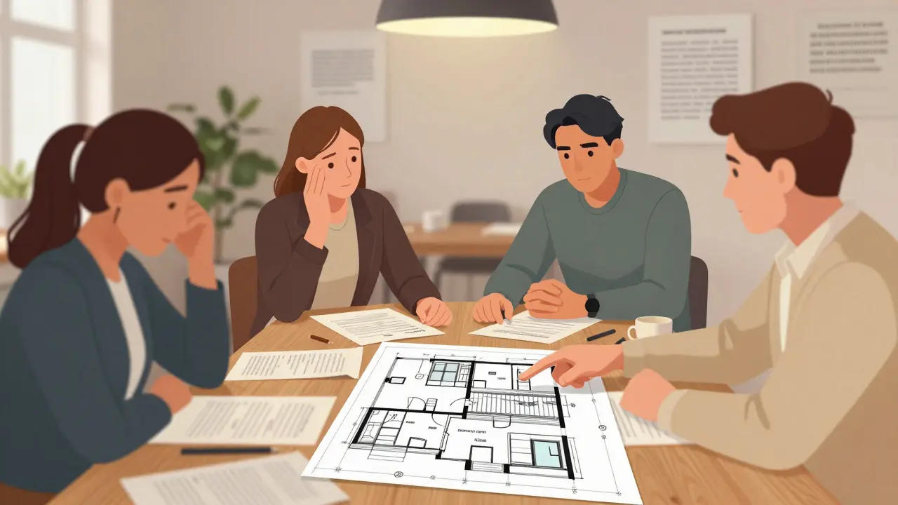 Eigentümerversammlung mit Plänen und Unterlagen auf einem Tisch in einer Gemeinschaftsrunde.