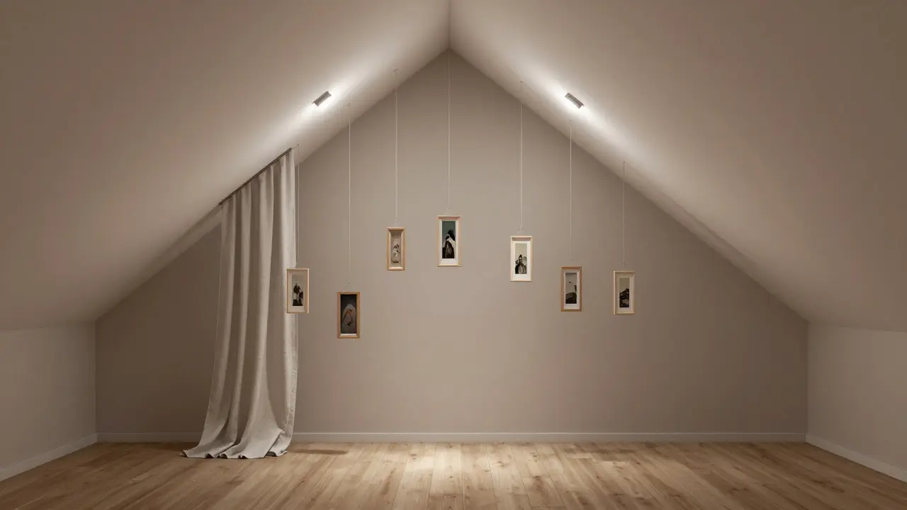 Ein Dachgeschoss mit vertikal angeordneten Bildern, nach oben gerichteter Beleuchtung und einem bodenlangen Vorhang, der die Deckenhöhe illusionär vergrößert.