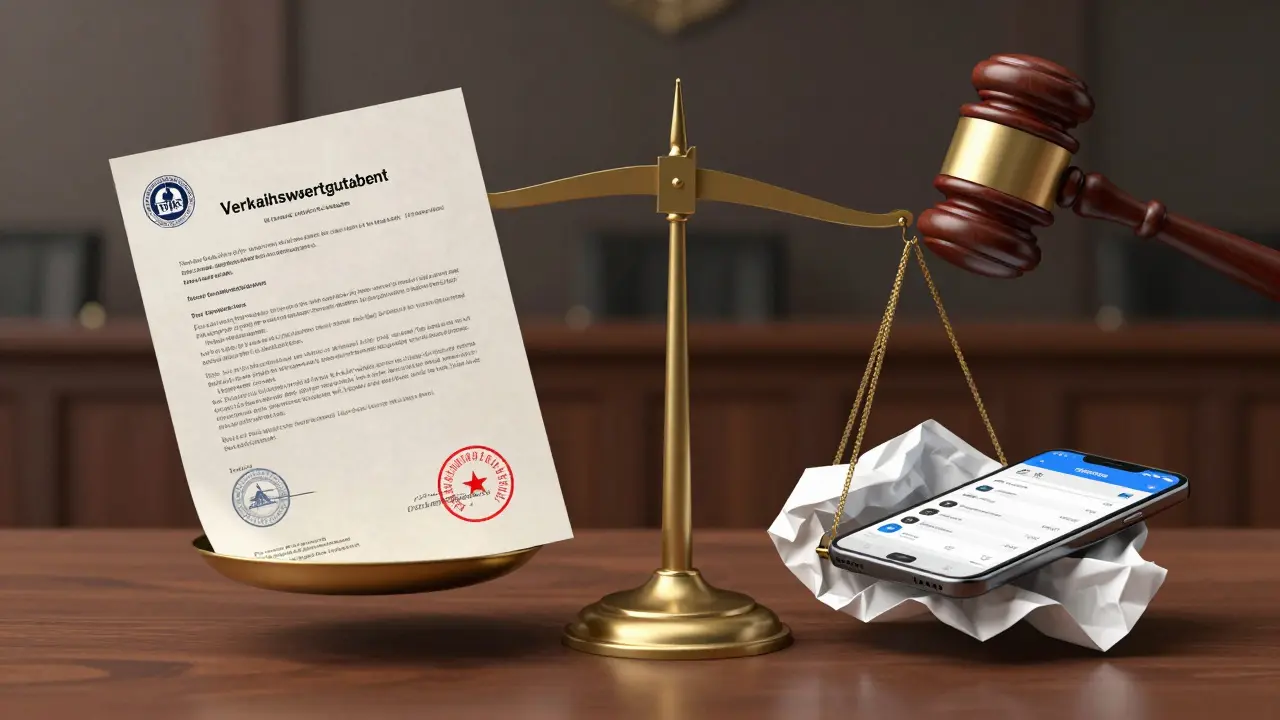 Ein Gerichts-Gutachten steht im Wettbewerb mit einer unzuverlässigen Online-Schätzung vor einer Waage.