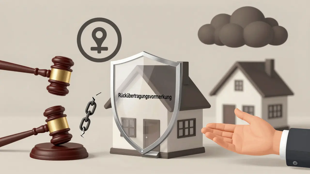 Ein Haus wird durch eine rechtliche Vormerkung vor Scheidung, Insolvenz und Entziehung geschützt, während ein ungeschütztes Haus versteigert wird.