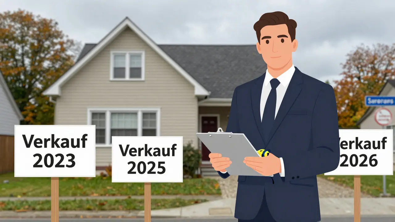 Ein Immobilien-Sachverständiger mit Klemmbrett vor einem Haus, umgeben von Schildern mit Verkaufsdaten aus verschiedenen Jahren.