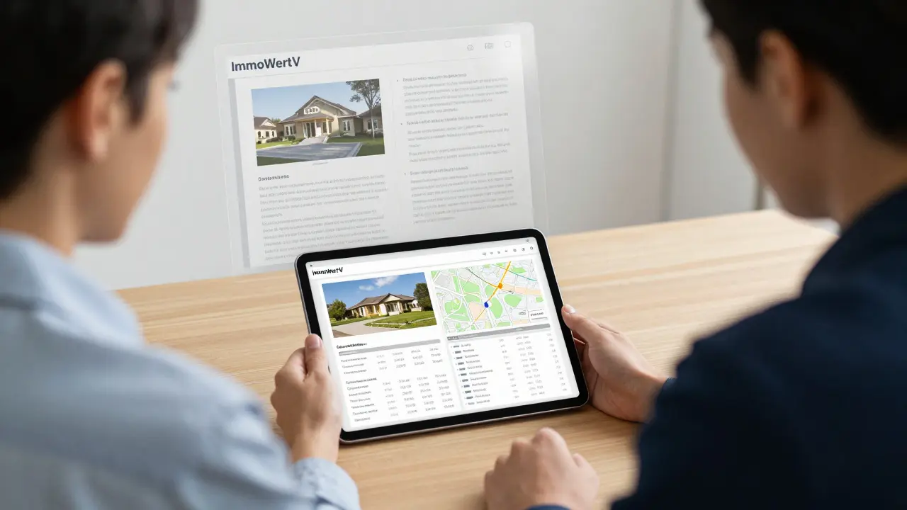 Ein Kunde und ein Sachverständiger besprechen ein Immobilien-Gutachten an einem Tisch mit digitalen Unterlagen.