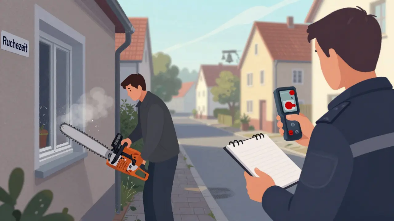 Ein Privatmann bohrt sonntags, während eine Ordnungsbeamtin mit Lärmmessgerät eintrifft, ruhige Morgenstimmung in einer deutschen Wohnstraße.