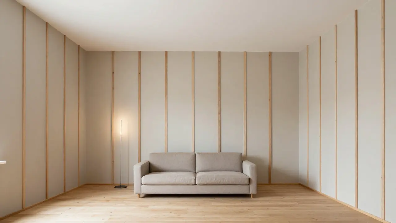 Ein Schlafzimmer mit senkrechten Holzleisten von Boden bis Decke, niedrigem Sofa und natürlichem Licht, das die Höhe betont.